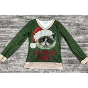 Faux Real T-Shirt Womens Medium Green Grumpy Cat Jingle Hell Ugly Sweater Style